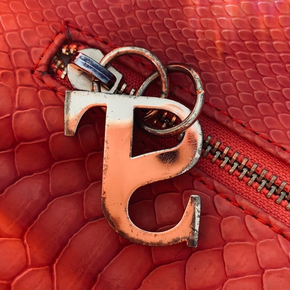 SuperTrash large salmon coloured crocodile satchel with gold hardware & Pom poms - Picture 8 of 10